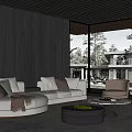 Modern Curved Sofa Coffee Table Set In Living Room With Cushions Armchair And Wooden Wall