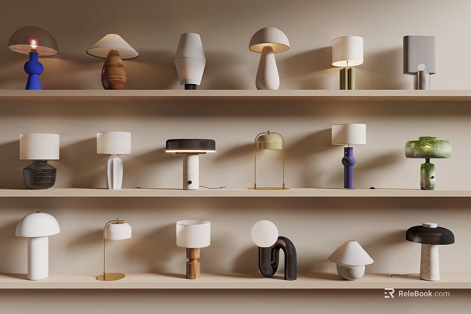Contemporary Table Lamps With Various Unique Designs And Styles Displayed On Shelves 3d model 