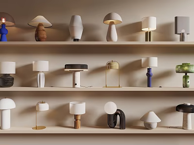 Contemporary Table Lamps With Various Unique Designs And Styles Displayed On Shelves 3d model