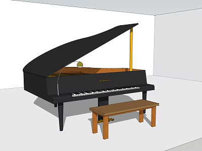 Elegant Black Grand Piano With Wooden Bench In Bright Room 3d model