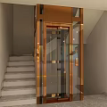 Modern Indoor Elevator With Glass Door And Bronze Frame Near Staircase