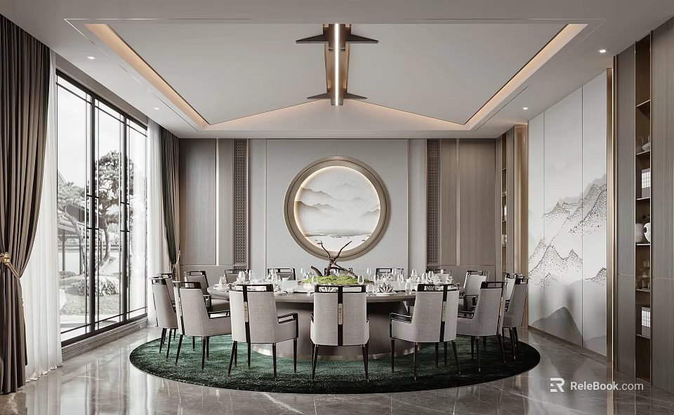 Modern Chinese Private Dining Room With Round Table Chairs And Circular Landscape Painting 3d model 