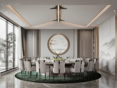 Modern Chinese Private Dining Room With Round Table Chairs And Circular Landscape Painting 3d model