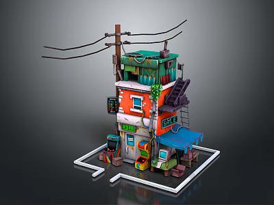 Colorful Multi Story Small Building With Utility Pole Power Lines Green Vines And Staircase 3d model