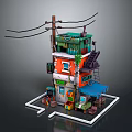 Colorful Multi Story Small Building With Utility Pole Power Lines Green Vines And Staircase