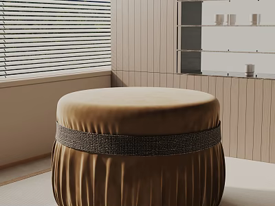 Beige Velvet Round Side Table with Pleated Base and Decorative Band in Modern Interior 3d model