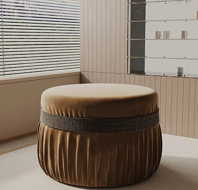 Beige Velvet Round Side Table with Pleated Base and Decorative Band in Modern Interior 3d model