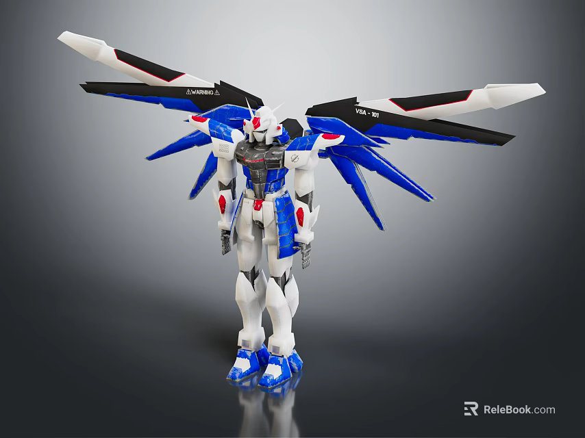 Blue And White Mecha Action Figure With Extended Wings And Detailed Armor 3d model 