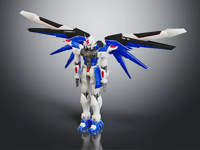 Blue And White Mecha Action Figure With Extended Wings And Detailed Armor 3d model