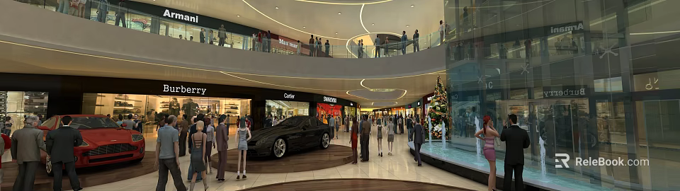 Shopping Mall Atrium Featuring Multiple Levels Brand Stores Sports Car Display Christmas Tree And People 3d model 