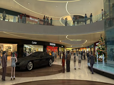 Shopping Mall Atrium Featuring Multiple Levels Brand Stores Sports Car Display Christmas Tree And People 3d model