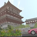 Ancient Chinese Pagoda With Traditional Roof Windows Greenery Flower Beds Red Car And Blue Sky