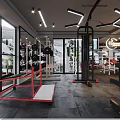 Modern Fitness Gym Interior With Pink Punching Bags Barbells Mirrors And Large Windows
