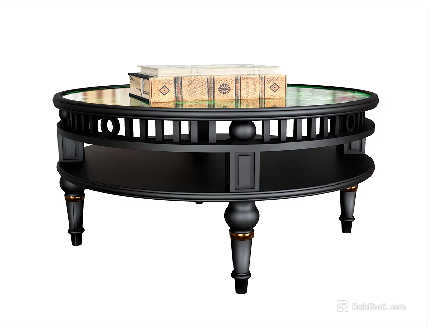 Round Black Tiered Coffee Table With Glass Top Decorative Legs And Books On Top 3d model 