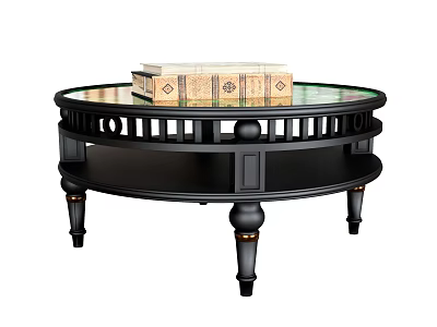 Round Black Tiered Coffee Table With Glass Top Decorative Legs And Books On Top 3d model
