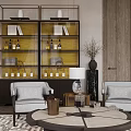 Elegant Tea Room Interior Design With Gray Chairs Round Coffee Table And Glass Door Bookshelves