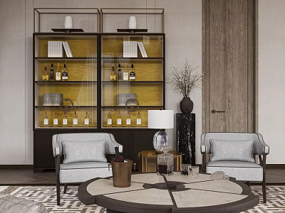 Elegant Tea Room Interior Design With Gray Chairs Round Coffee Table And Glass Door Bookshelves 3d model
