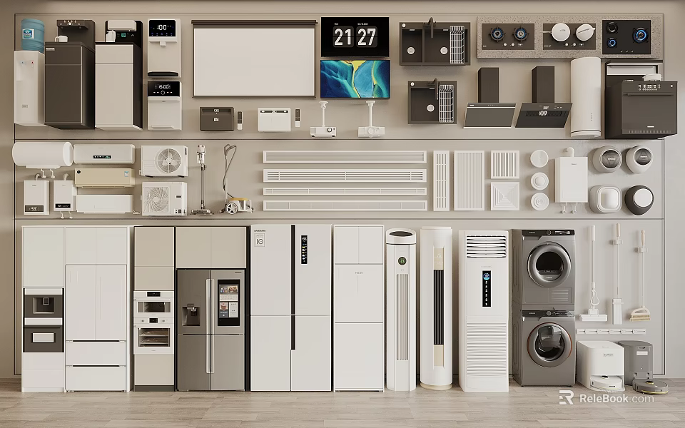 Modern Home Appliances Collection Featuring Refrigerators Washing Machines TVs And Air Conditioners 3d model 