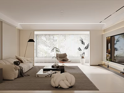 Modern Living Dining Room Interior Design With Sofa Carpet Floor Lamp Window Blinds And Plants 3d model