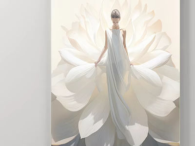 Elegant Landscape Painting With Woman In White Dress And Large Lotus Petals 3d model