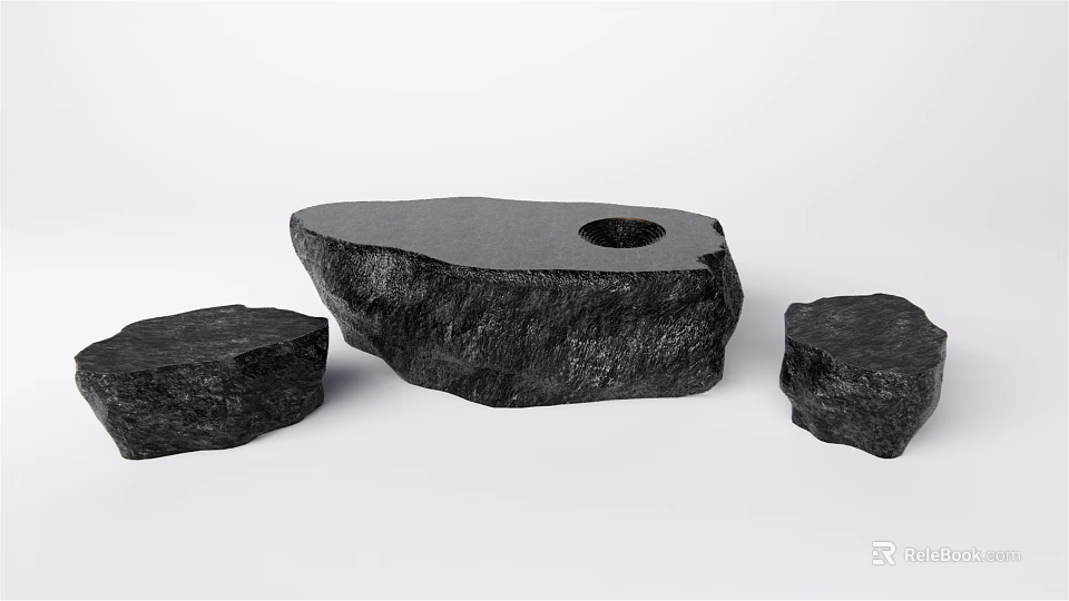 Black Natural Stone Landscape Seats With Rough Texture And Circular Hole Design 3d model 