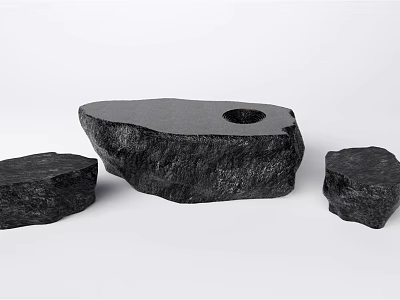 Black Natural Stone Landscape Seats With Rough Texture And Circular Hole Design 3d model