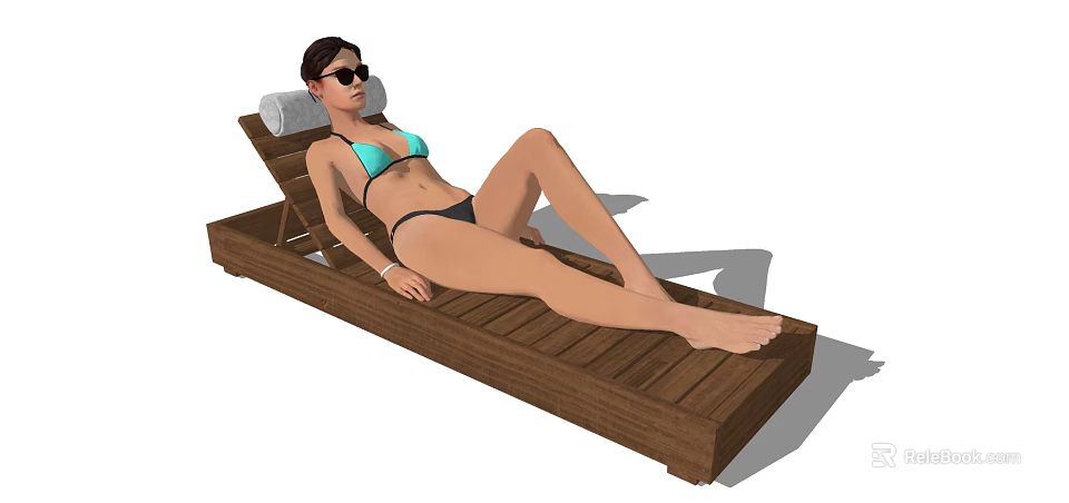 Woman Wearing Bikini Lying On Wooden Lounge Chair With Sunglasses And Towel 3d model 