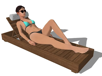Woman Wearing Bikini Lying On Wooden Lounge Chair With Sunglasses And Towel 3d model