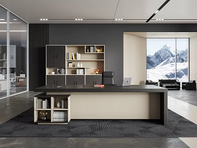 Modern Office Interior With Dark And Beige Desk Bookshelf And Snowy Mountains View 3d model