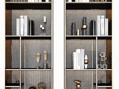 Modern Elegant Decorative Cabinets With Gold Frames Gray Back Panels And Shelves Holding Books Sculptures Decorative Items 3d model