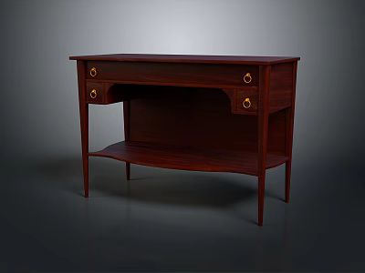 Dark Red Wooden Desk With Golden Handles And Lower Shelf Classic Design 3d model