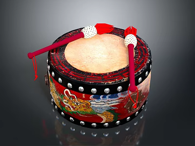 Household Decorative Drum With Dragon Pattern Black Base Red Drumsticks White Head And Silver Rivets 3d model