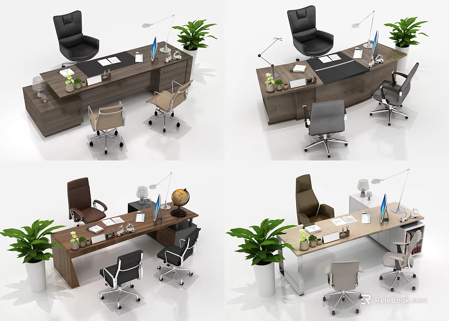 Modern Office Desk Setup With Ergonomic Chairs Potted Plants Lamp And Supplies 3d model 