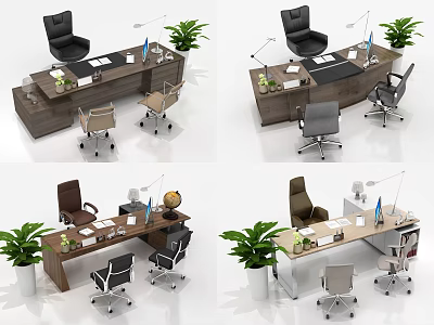 Modern Office Desk Setup With Ergonomic Chairs Potted Plants Lamp And Supplies 3d model