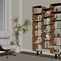 Comfortable Brown Leather Accent Chair in Cozy Interior with Bookcase Green Plant and Window Blinds