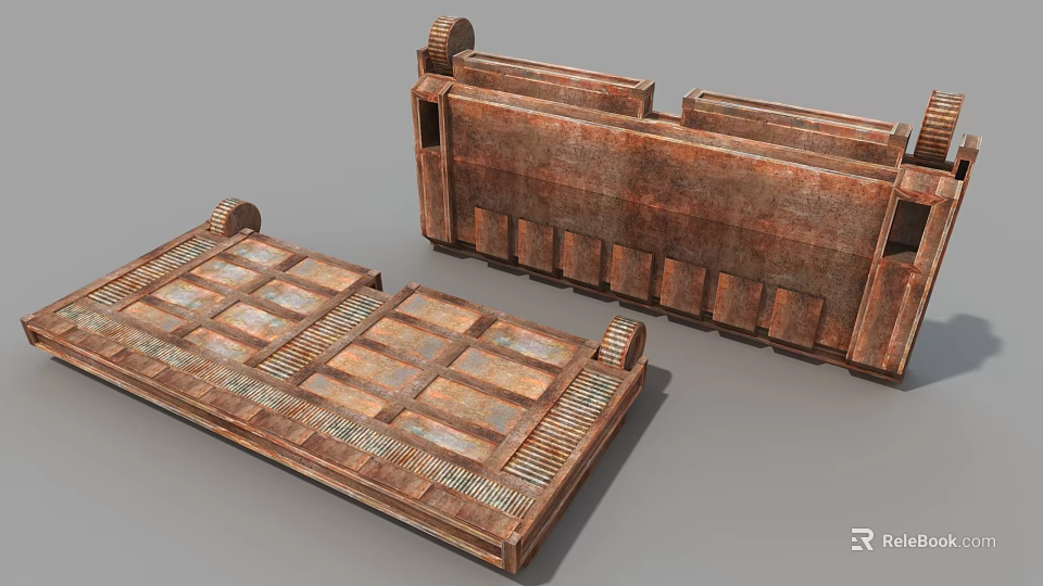 Rusted Metal Industrial Equipment With Grid Panels Rectangular Sections And Ridges 3d model