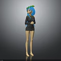 3D Character With Blue Hair Green Wreath And Black Dress Standing Against Grey Background