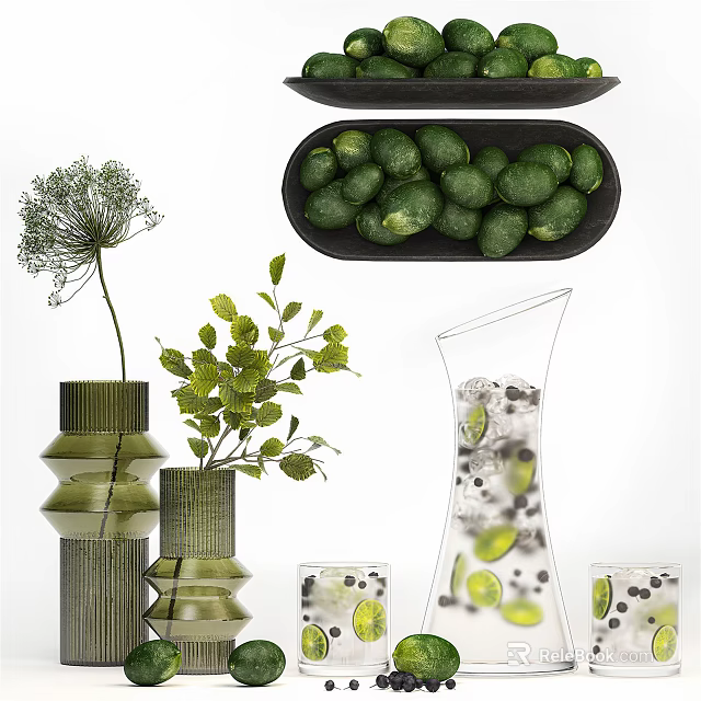 Fresh Green Limes on Black Plate with Vase Green Leaves and Pitcher with Ice 3d model 