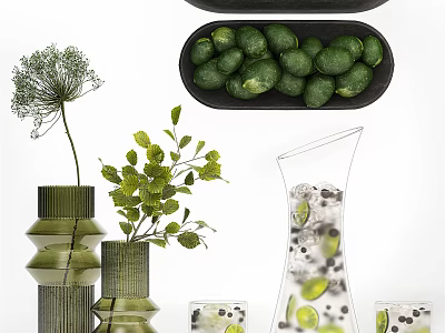 Fresh Green Limes on Black Plate with Vase Green Leaves and Pitcher with Ice 3d model