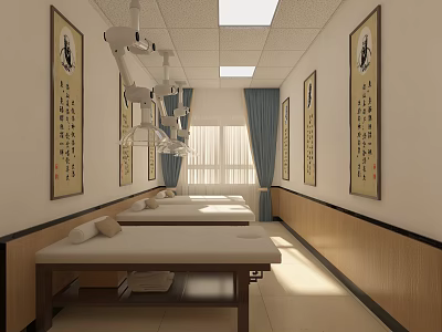 Chinese Style Massage Treatment Room With Wooden Massage Beds Calligraphy Paintings And Curtains 3d model