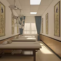 Chinese Style Massage Treatment Room With Wooden Massage Beds Calligraphy Paintings And Curtains