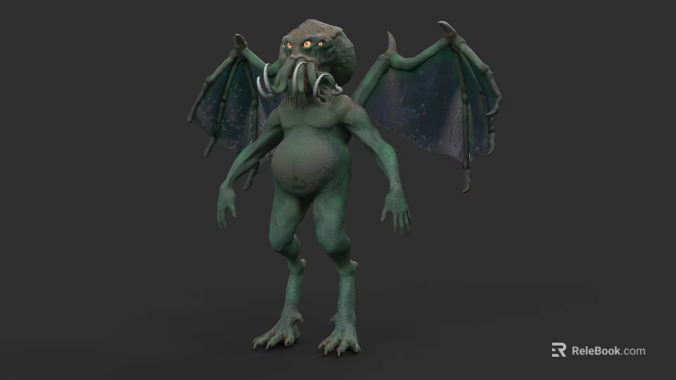 Mysterious Aquatic Creature With Green Skin Tentacles Yellow Eyes Bat Wings And Clawed Feet 3d model 