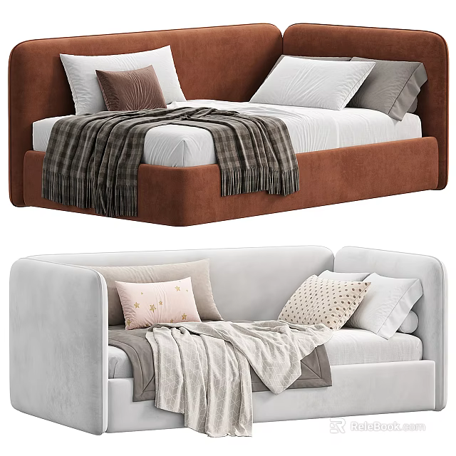 Modern Brown And White Velvet Sofa Bed With Decorative Pillows And Soft Blankets 3d model 