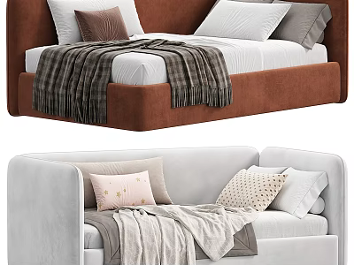 Modern Brown And White Velvet Sofa Bed With Decorative Pillows And Soft Blankets 3d model