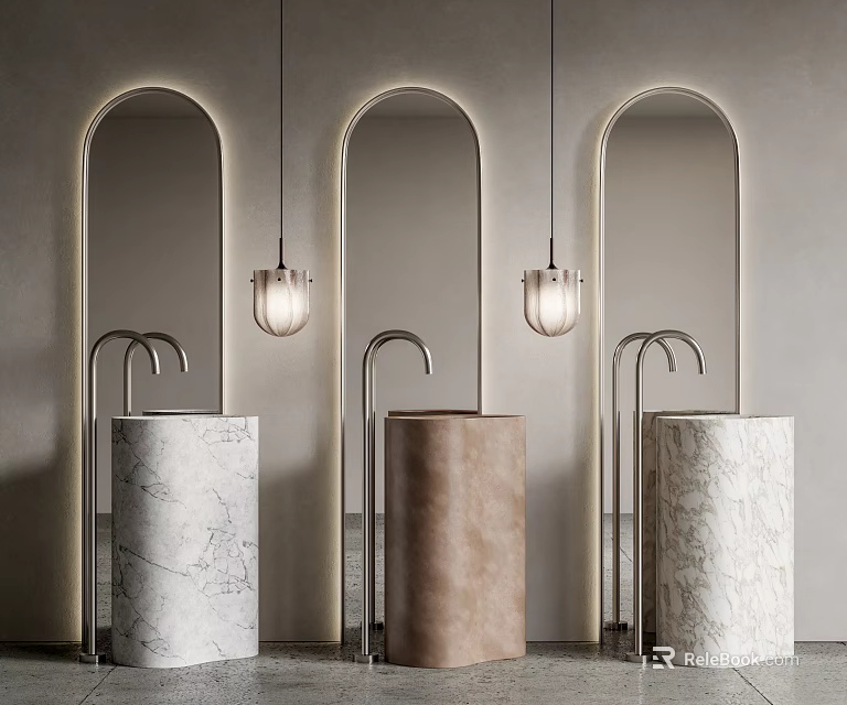 Modern Bathroom Interior With Three Marble And Taupe Washbasins Arched Mirrors And Pendant Lights 3d model 