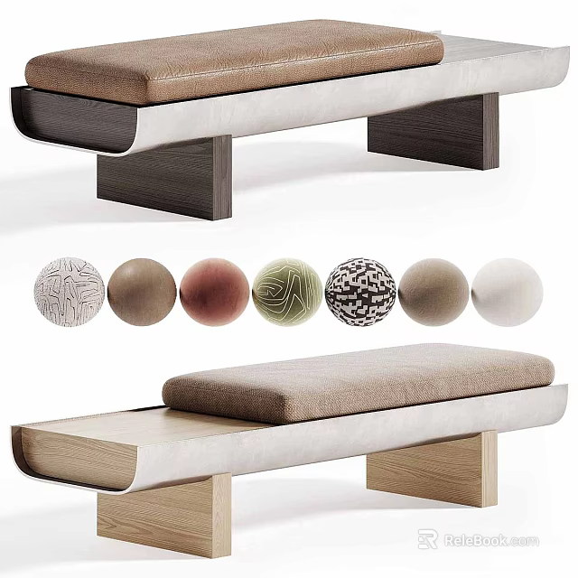 Modern Wooden Bench With Fabric Cushion And Textured Decorative Spheres 3d model 