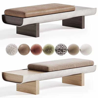 Modern Wooden Bench With Fabric Cushion And Textured Decorative Spheres 3d model
