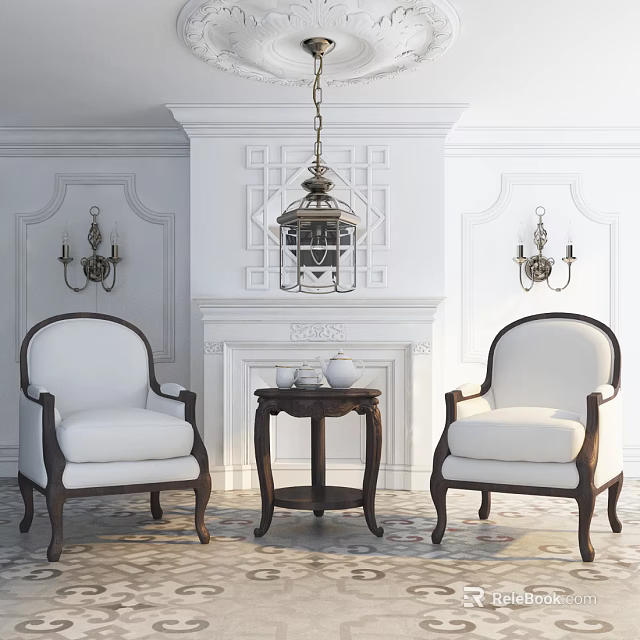 Cozy Casual Seating Set with White Armchairs Small Side Table and Fireplace 3d model 