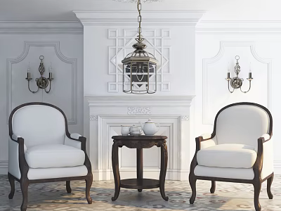 Cozy Casual Seating Set with White Armchairs Small Side Table and Fireplace 3d model