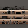 Organized Display of Various Kitchen Appliances on Wooden Shelves